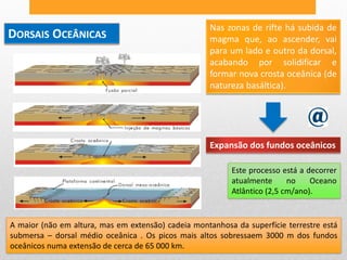 Nas zonas de rifte há subida de
DORSAIS OCEÂNICAS                                    magma que, ao ascender, vai
                                                     para um lado e outro da dorsal,
                                                     acabando por solidificar e
                                                     formar nova crosta oceânica (de
                                                     natureza basáltica).




                                                     Expansão dos fundos oceânicos

                                                          Este processo está a decorrer
                                                          atualmente      no    Oceano
                                                          Atlântico (2,5 cm/ano).


A maior (não em altura, mas em extensão) cadeia montanhosa da superfície terrestre está
submersa – dorsal médio oceânica . Os picos mais altos sobressaem 3000 m dos fundos
oceânicos numa extensão de cerca de 65 000 km.
 
