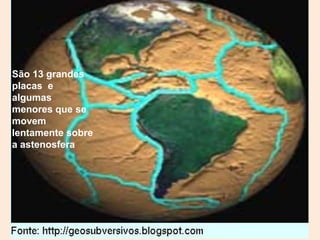 São 13 grandes
placas e
algumas
menores que se
movem
lentamente sobre
a astenosfera

 