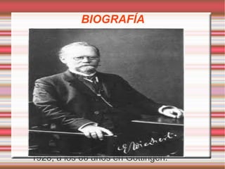 BIOGRAFÍA 
Emi Wiechert nació el 26 de 
diciembre de 1861 en 
Sovetesk(Alemania). Se formó en 
física por la universidad de Könisberg 
en 1889. Sus publicaciones en la 
universidad fueron principalmente 
para la estructura física de los 
materiales, investigaciones sobre 
rayos Catódicos y sobre la naturaleza 
de la Blectricidad descubrió el 
electrón. Murió el 19 de marzo de 
1928, a los 66 años en Göttingen. 
 