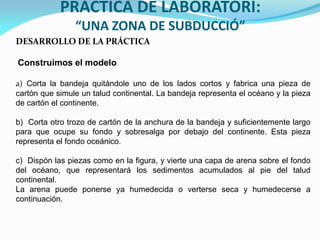 PRÀCTICA DE LABORATORI:
“UNA ZONA DE SUBDUCCIÓ”
DESARROLLO DE LA PRÁCTICA
Construimos el modelo
a) Corta la bandeja quitándole uno de los lados cortos y fabrica una pieza de
cartón que simule un talud continental. La bandeja representa el océano y la pieza
de cartón el continente.
b) Corta otro trozo de cartón de la anchura de la bandeja y suficientemente largo
para que ocupe su fondo y sobresalga por debajo del continente. Esta pieza
representa el fondo oceánico.
c) Dispón las piezas como en la figura, y vierte una capa de arena sobre el fondo
del océano, que representará los sedimentos acumulados al pie del talud
continental.
La arena puede ponerse ya humedecida o verterse seca y humedecerse a
continuación.

 