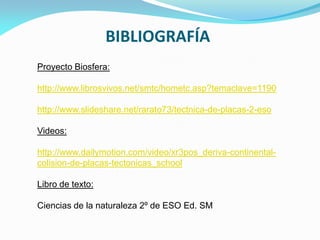 BIBLIOGRAFÍA
Proyecto Biosfera:
http://www.librosvivos.net/smtc/hometc.asp?temaclave=1190

http://www.slideshare.net/rarato73/tectnica-de-placas-2-eso
Videos:

http://www.dailymotion.com/video/xr3pos_deriva-continentalcolision-de-placas-tectonicas_school
Libro de texto:
Ciencias de la naturaleza 2º de ESO Ed. SM

 