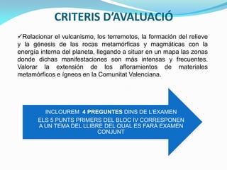 CRITERIS D’AVALUACIÓ
Relacionar el vulcanismo, los terremotos, la formación del relieve
y la génesis de las rocas metamórficas y magmáticas con la
energía interna del planeta, llegando a situar en un mapa las zonas
donde dichas manifestaciones son más intensas y frecuentes.
Valorar la extensión de los afloramientos de materiales
metamórficos e ígneos en la Comunitat Valenciana.

INCLOUREM 4 PREGUNTES DINS DE L’EXAMEN
ELS 5 PUNTS PRIMERS DEL BLOC IV CORRESPONEN
A UN TEMA DEL LLIBRE DEL QUAL ES FARÀ EXAMEN
CONJUNT

 