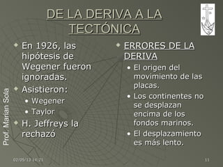 Prof.MarianSolaProf.MarianSola
02/05/1302/05/13 14:2114:21 1111
DE LA DERIVA A LADE LA DERIVA A LA
TECTÓNICATECTÓNICA
 En 1926, lasEn 1926, las
hipótesis dehipótesis de
Wegener fueronWegener fueron
ignoradas.ignoradas.
 Asistieron:Asistieron:
• WegenerWegener
• TaylorTaylor
 H. Jeffreys laH. Jeffreys la
rechazórechazó
 ERRORES DE LAERRORES DE LA
DERIVADERIVA
• El origen delEl origen del
movimiento de lasmovimiento de las
placas.placas.
• Los continentes noLos continentes no
se desplazanse desplazan
encima de losencima de los
fondos marinos.fondos marinos.
• El desplazamientoEl desplazamiento
es más lento.es más lento.
 