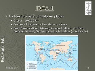 Prof.MarianSolaProf.MarianSola
02/05/1302/05/13 14:2114:21 1515
IDEA 1IDEA 1
 La litosfera está dividida en placasLa litosfera está dividida en placas
• Grosor: 50-200 kmGrosor: 50-200 km
• Contiene litosfera continental y oceánicaContiene litosfera continental y oceánica
• Son: Euroasiática, africana, indoaustraliana, pacífica,Son: Euroasiática, africana, indoaustraliana, pacífica,
norteamericana, Suramericana y Antártica (+ menores)norteamericana, Suramericana y Antártica (+ menores)
 
