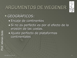 Prof.MarianSolaProf.MarianSola
02/05/1302/05/13 14:2114:21 44
ARGUMENTOS DE WEGENERARGUMENTOS DE WEGENER
 GEOGRÁFICOS:GEOGRÁFICOS:
• Encaje de continentesEncaje de continentes
• Si no es perfecto es por el efecto de laSi no es perfecto es por el efecto de la
erosión de las costas.erosión de las costas.
• Ajuste perfecto de plataformasAjuste perfecto de plataformas
continentalescontinentales
 
