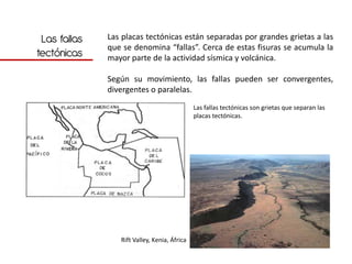 Las fallas   Las placas tectónicas están separadas por grandes grietas a las
              que se denomina “fallas”. Cerca de estas fisuras se acumula la
tectónicas    mayor parte de la actividad sísmica y volcánica.

              Según su movimiento, las fallas pueden ser convergentes,
              divergentes o paralelas.
                                              Las fallas tectónicas son grietas que separan las
                                              placas tectónicas.




                 Rift Valley, Kenia, África
 