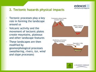 2. Tectonic hazards physical impacts
• Tectonic processes play a key
role in forming the landscape
around us
• Volcanic activity and the
movement of tectonic plates
create mountains, plateaux
and other landscape features
• These landscapes are then
modified by
geomorphological processes
(weathering, rivers, ice, wind
and slope processes)
 