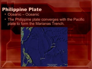 Philippine Plate Oceanic – Oceanic The Philippine plate converges with the Pacific plate to form the Marianas Trench. 
