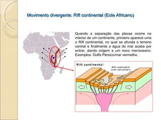 Movimento divergente: Rift continental (Este Africano) Prof. Isaac Buzo Sánchez Quando a separação das placas ocorre no interior de um continente, primeiro aparece uma o Rift continental, no qual se afunda o terreno central e finalmente a água do mar acaba por entrar, dando origem a um novo mar/oceano. Exemplos: Golfo Pérsico/mar vermelho. 