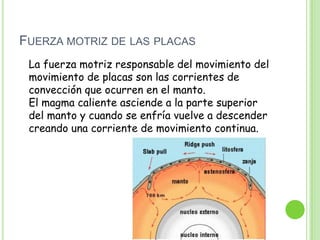 FUERZA MOTRIZ DE LAS PLACAS
 La fuerza motriz responsable del movimiento del
 movimiento de placas son las corrientes de
 convección que ocurren en el manto.
 El magma caliente asciende a la parte superior
 del manto y cuando se enfría vuelve a descender
 creando una corriente de movimiento continua.
 