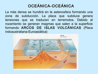 La más densa se hundirá en la astenosfera formando una
zona de subducción. La placa que subduce genera
tensiones que se traducen en terremotos. Debido al
rozamiento se generan magmas que salen a la superficie
formando ARCOS DE ISLAS VOLCÁNICAS (Placa
indoaustraliana-Euroasiática)
OCEÁNICA-OCEÁNICA
 