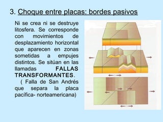 3. Choque entre placas: bordes pasivos
Ni se crea ni se destruye
litosfera. Se corresponde
con movimientos de
desplazamiento horizontal
que aparecen en zonas
sometidas a empujes
distintos. Se sitúan en las
llamadas FALLAS
TRANSFORMANTES.
( Falla de San Andrés
que separa la placa
pacífica- norteamericana)
 