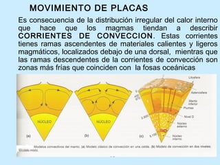 MOVIMIENTO DE PLACAS
Es consecuencia de la distribución irregular del calor interno
que hace que los magmas tiendan a describir
CORRIENTES DE CONVECCION. Estas corrientes
tienes ramas ascendentes de materiales calientes y ligeros
magmáticos, localizados debajo de una dorsal, mientras que
las ramas descendentes de la corrientes de convección son
zonas más frías que coinciden con la fosas oceánicas
 