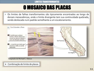  Os limites de falhas transformantes são tipicamente encontrados ao longo de
dorsais mesoceânicas, onde o limite divergente tem sua continuidade quebrada,
sendo deslocado num padrão semelhante a um escalonamento.
LIMITES TRANSFORMANTES
O MOSAICO DAS PLACAS
Adaptado de Michael C. Klesius
 Combinação de limite de placas
 