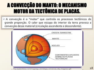 A CONVECÇÃO DO MANTO: O MECANISMO
MOTOR DA TECTÔNICA DE PLACAS.
 A convecção é o “motor” que controla os processos tectônicos de
grande proporção. O calor que escapa do interior da terra provoca a
convecção desse material (circulação ascendente e descendente).
http://paleolisboa.com/images/ga_sismologia_conveccao_clip_image002.gif/
 