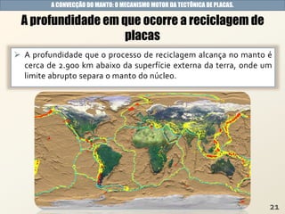  A profundidade que o processo de reciclagem alcança no manto é
cerca de 2.900 km abaixo da superfície externa da terra, onde um
limite abrupto separa o manto do núcleo.
A profundidade em que ocorre a reciclagem de
placas
A CONVECÇÃO DO MANTO: O MECANISMO MOTOR DA TECTÔNICA DE PLACAS.
 