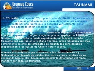 2424
Un TSUNAMI (del japonés  TSU: puerto o bahía, NAMI: ola) es una ola o
serie de olas que se producen en una masa de agua al ser empujada
violentamente por una fuerza que la desplaza verticalmente. Este
término fue adoptado en un congreso de 1963.
Terremotos, volcanes, meteoritos, derrumbes costeros o subterráneos
e incluso explosiones de gran magnitud pueden generar un TSUNAMI.
Si bien cualquier océano puede experimentar un tsunami, es más
frecuente que ocurran en el Océano Pacífico, cuyas márgenes son más
comúnmente asiento de terremotos de magnitudes considerables
(especialmente las costas de Chile y Perú y Japón).
Además el tipo de falla que ocurre entre las placas de Nazca y
Sudamericana, llamada de subducción, esto es que una placa se va
deslizando bajo la otra, hacen más propicia la deformidad del fondo
marino y por ende los tsunamis.
TSUNAMI
 