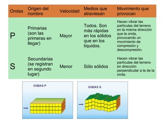 Ondas
Origen del
nombre
Velocidad
Medios que
atraviesan
Movimiento que
provocan
P
Primarias
(son las
primeras en
llegar)
Mayor
Todos. Son
más rápidas
en los sólidos
que en los
líquidos.
Hacen vibrar las
partículas del terreno
en la misma dirección
que la onda,
provocando un
movimiento de
compresión y
descompresión.
S
Secundarias
(se registran
en segundo
lugar)
Menor Sólo sólidos
Hacen vibrar las
partículas del terreno
en dirección
perpendicular a la de la
onda.
 