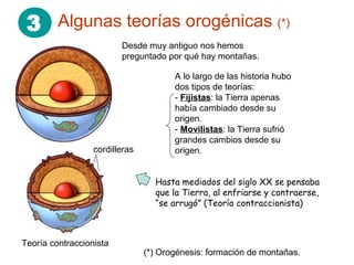 3 Algunas teorías orogénicas (*)
Desde muy antiguo nos hemos
preguntado por qué hay montañas.
(*) Orogénesis: formación de montañas.
Teoría contraccionista
cordilleras
A lo largo de las historia hubo
dos tipos de teorías:
- Fijistas: la Tierra apenas
había cambiado desde su
origen.
- Movilistas: la Tierra sufrió
grandes cambios desde su
origen.
Hasta mediados del siglo XX se pensaba
que la Tierra, al enfriarse y contraerse,
“se arrugó” (Teoría contraccionista)
 