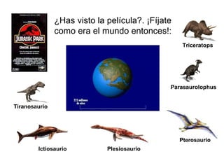 ¿Has visto la película?. ¡Fíjate
como era el mundo entonces!:
Tiranosaurio
Triceratops
Parasaurolophus
Ictiosaurio Plesiosaurio
Pterosaurio
 