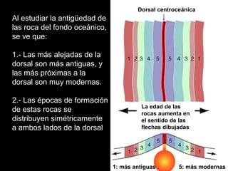 Al estudiar la antigüedad de
las roca del fondo oceánico,
se ve que:
1.- Las más alejadas de la
dorsal son más antiguas, y
las más próximas a la
dorsal son muy modernas.
2.- Las épocas de formación
de estas rocas se
distribuyen simétricamente
a ambos lados de la dorsal
Dorsal centroceánica
La edad de las
rocas aumenta en
el sentido de las
flechas dibujadas
1: más antiguas 5: más modernas
 
