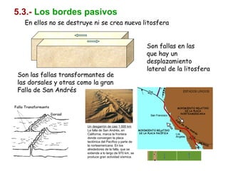 5.3.- Los bordes pasivos
En ellos no se destruye ni se crea nueva litosfera
Son fallas en las
que hay un
desplazamiento
lateral de la litosfera
Son las fallas transformantes de
las dorsales y otras como la gran
Falla de San Andrés
Un desgarrón de casi 1.000 km
La falla de San Andrés, en
California, marca la frontera
donde convergen la placa
tectónica del Pacífico y parte de
la norteamericana. En los
alrededores de la falla, que se
extiende a lo largo de 970 km, se
produce gran actividad sísmica.
 