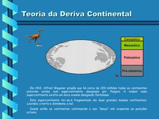Teoria da Deriva Continental

Cenozóico
Mesozóico

Paleozóico

Pré-câmbrico

Em 1912, Alfred Wegener propôs que há cerca de 220 milhões todos os continentes
estariam unidos num supercontinente designado por Pangeia. A rodear esse
supercontinente existia um único oceano designado Pantalassa.
Este supercontinente ter-se-á fragmentado em duas grandes massas continentais:
Laurásia, a norte e Gondwana, a sul.
Desde então os continentes continuaram a sua “dança” até ocuparem as posições
actuais.

 