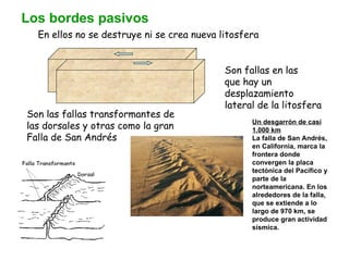 Los bordes pasivos En ellos no se destruye ni se crea nueva litosfera Son fallas en las que hay un desplazamiento lateral de la litosfera Son las fallas transformantes de las dorsales y otras como la gran Falla de San Andrés Un desgarrón de casi 1.000 km La falla de San Andrés, en California, marca la frontera donde convergen la placa tectónica del Pacífico y parte de la norteamericana. En los alrededores de la falla, que se extiende a lo largo de 970 km, se produce gran actividad sísmica.  