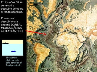 En los años 60 se comenzó a descubrir cómo es el fondo oceánico. Primero se descubrió una enorme DORSAL MEDIOCEÁNICA en el ATLÁNTICO. ¿Recuerdas algún método para estudiar el fondo marino? 