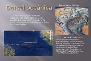Dorsais oceânicas, são montanhas 
submarinas cuja origem é provocada pela 
expulsão do magma através de fracturas da 
crosta, em consequência de fenômenos tectônicos 
ocorridos na região. 
Dorsal Médio Atlântica 
A Crista Média Atlântica é 
uma cordilheira submarina que se 
estende no leito dos oceanos Atlântico e 
Árctico. Crê-se que a sua formação fique 
a dever-se a um limite divergente entre 
placas tectónicas: a placa Norte-americana 
e a placa Euroasiática, no 
Atlântico Norte e a placa Sul-americana e 
a placa Africana no Atlântico Sul. 
 