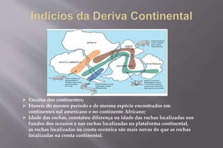 Encaixe dos continentes; 
 Fósseis do mesmo período e de mesma espécie encontrados em 
continentes sul americano e no continente Africano; 
 Idade das rochas, constatou diferença na idade das rochas localizadas nos 
fundos dos oceanos e nas rochas localizadas na plataforma continental, 
as rochas localizadas na crosta oceânica são mais novas do que as rochas 
localizadas na crosta continental. 
 