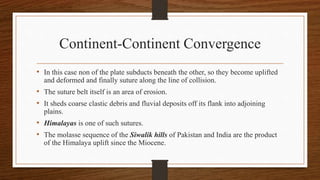 Continent-Continent Convergence
• In this case non of the plate subducts beneath the other, so they become uplifted
and deformed and finally suture along the line of collision.
• The suture belt itself is an area of erosion.
• It sheds coarse clastic debris and fluvial deposits off its flank into adjoining
plains.
• Himalayas is one of such sutures.
• The molasse sequence of the Siwalik hills of Pakistan and India are the product
of the Himalaya uplift since the Miocene.
 
