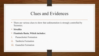 Clues and Evidences
• There are various clues to show that sedimentation is strongly controlled by
Tectonics.
• Siwaliks
• Fiambala Basin, Which includes:
i. Punaschotter Formation
ii. Tamberia Formation
iii. Guanchin Formation
 