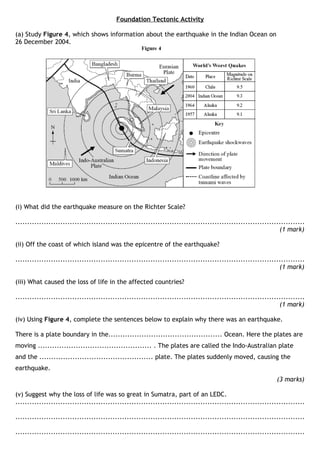 Foundation Tectonic Activity

(a) Study Figure 4, which shows information about the earthquake in the Indian Ocean on
26 December 2004.




(i) What did the earthquake measure on the Richter Scale?

..........................................................................................................................
                                                                                                               (1 mark)

(ii) Off the coast of which island was the epicentre of the earthquake?

..........................................................................................................................
                                                                                                               (1 mark)

(iii) What caused the loss of life in the affected countries?

..........................................................................................................................
                                                                                                               (1 mark)

(iv) Using Figure 4, complete the sentences below to explain why there was an earthquake.

There is a plate boundary in the................................................ Ocean. Here the plates are
moving ................................................ . The plates are called the Indo-Australian plate
and the ................................................ plate. The plates suddenly moved, causing the
earthquake.
                                                                                                              (3 marks)

(v) Suggest why the loss of life was so great in Sumatra, part of an LEDC.
..........................................................................................................................

..........................................................................................................................

..........................................................................................................................
 