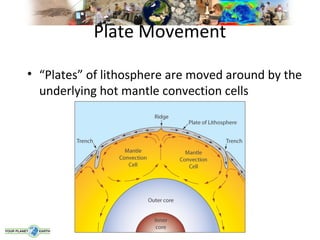 Plate Movement

• “Plates” of lithosphere are moved around by the
  underlying hot mantle convection cells
 