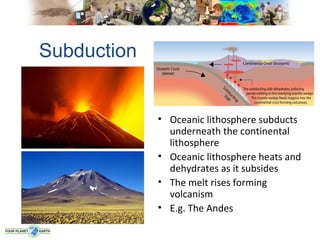 Subduction


             • Oceanic lithosphere subducts
               underneath the continental
               lithosphere
             • Oceanic lithosphere heats and
               dehydrates as it subsides
             • The melt rises forming
               volcanism
             • E.g. The Andes
 