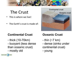 The Crust
• This is where we live!

• The Earth’s crust is made of:



 Continental Crust                Oceanic Crust
 - thick (10-70km)                - thin (~7 km)
 - buoyant (less dense            - dense (sinks under
 than oceanic crust)              continental crust)
 - mostly old                     - young
 