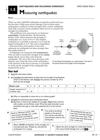 EARTHQUAKES AND VOLCANOES WORKSHEET PUPIL’S BOOK PAGE 4
Measuring earthquakes
Name ________________________________________________________________________________
© JOHN MURRAY earthworks 3 teacher’s resource book 31
1.5
There are about 500,000 earthquakes around the world each year,
but less than 1,000 cause serious damage. Each of these major
earthquakes is millions of times stronger than a minor earthquake.
Such wide variation creates problems when you try to measure the
strength of earthquakes.
The problems were overcome by an American
seismologist, Charles Richter. He devised the
Richter scale, which measures the strength of
earthquakes on a scale of 0 to 9. The smallest
earthquake it is possible to measure is at 0 and the
largest earthquake is at 9. The scale is logarithmic
– that means that each number on the scale
represents an earthquake ten times stronger than
the number below it.
Earthquakes are measured with seismometers.
They are able to record the strength of the seismic
waves (shock waves) that come from the
earthquake. The size of the waves decreases with
distance away from the focus of the earthquake –
if the position of the focus is known, it is possible
to work out the strength of the earthquake that
produced the waves.
Equal to 100 atom bombs. Will
cause serious damage over a wide
area. Could be recorded on
seismometers all around the world.
A
Too small to be felt by
people on the ground.
Can only be recorded by
seismometers close to the
earthquake.
B
No earthquake this size hasever been recorded, althougha few have come close. Thiswould cause total destructionover a wide area.
C
About 100,000 earthquakes of this strength are
recorded each year. People can only feel the
earthquake if it is nearby.
D
About the same strength as a small atom bomb.
Can cause limited damage over a small area.
E
Richter scale 0 1 2 3 4 5 6 7 8 9
Strength compared to 0
on Richter scale 0 10
Small
earthquake
2
1
3
4
5
6
7
8
7
8
6
5
4
3
2
1
Normal
recording (no
earthquake)
Minor
tremor
Major
earthquake
Richter
scale
A recording of earthquakes on a seismometer. The size of
the waves shows the strength of the earthquake
Your task
1 Read the information above.
2 a) Complete the table below to show how the strength of earthquakes
varies on the Richter scale. Multiply the previous number by 10 to
work out the strength.
b) Why is it impossible to show this on an ordinary graph?
3 a) Read the statements about earthquakes below.
b) Put them in order from weakest to strongest. Match them with the
odd numbers on the Richter scale. Write the scale vertically in your
workbook and copy or stick each statement by it at the correct
place.
Earthworks unit 1 04/05/2000 2:18 pm Page 31
30
See Interactions page 39 E
 
