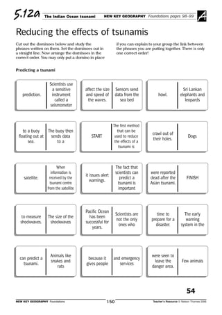 NEW KEY GEOGRAPHY Foundations Teacher’s Resource © Nelson Thornes 2006150 NEW KEY GEOGRAPHY Foundations Teacher’s Resource © Nelson Thornes 2006151
The Indian Ocean tsunami NEW KEY GEOGRAPHY Foundations pages 98–99
Reducing the effects of tsunamis
5.12a A
Cut out the dominoes below and study the
phrases written on them. Set the dominoes out in
a straight line. Now arrange the dominoes in the
correct order. You may only put a domino in place
if you can explain to your group the link between
the phrases you are putting together. There is only
one correct order!
START Bangladeshprediction.
Scientists use
a sensitive
instrument
called a
seismometer
START Bangladesh
affect the size
and speed of
the waves.
Sensors send
data from the
sea bed
START Bangladeshhowl.
Sri Lankan
elephants and
leopards
START Bangladesh
to a buoy
floating out at
sea.
The buoy then
sends data
to a
START BangladeshSTART
The first method
that can be
used to reduce
the effects of a
tsunami is
START Bangladesh
crawl out of
their holes.
Dogs
START Bangladeshsatellite.
When
information is
received by the
tsunami centre
from the satellite
START Bangladesh
it issues alert
warnings.
The fact that
scientists can
predict a
tsunami is
important
START Bangladesh
were reported
dead after the
Asian tsunami.
FINISH
START Bangladesh
to measure
shockwaves.
The size of the
shockwaves START Bangladesh
Pacific Ocean
has been
successful for
years.
Scientists are
not the only
ones who
START Bangladesh
time to
prepare for a
disaster.
The early
warning
system in the
START Bangladesh
can predict a
tsunami.
Animals like
snakes and
rats
START Bangladesh
because it
gives people
and emergency
services START Bangladesh
were seen to
leave the
danger area.
Few animals
The Indian Ocean tsunami NEW KEY GEOGRAPHY Foundations pages 98–995.12b A
Reducing the effects of tsunamis
START Bangladeshdisaster plan.
A good
disaster plan
will
START Bangladeshpreparation.
This is where
you prepare START Bangladesh
avoid the huge
waves.
A young
British girl in
Thailand saved
START Bangladeshlocal people
and the
emergency
services
START Bangladesh
so that they
are ready for a
disaster.
Most countries
prepare by
writing a
START Bangladesh
time to
escape.
FINISH
START BangladeshThey can then
run for high
ground and START BangladeshSTART
The second
method that
can be used to
reduce the
effects of a
tsunami is
START Bangladesh
involve local
authorities,
emergency
services and
START Bangladeshflooding.
The best way
to stop this is
to
START Bangladesh
educate
people
about the
signs of a
tsunami.
START Bangladesh
local people in
the area.
Most deaths
are caused by
START Bangladeshreceded.
She warned
people on the
beach and
gave them
START Bangladesh
100s of
people
by noticing
that the sea
had
Predicting a tsunami
Preparing for a tsunami
54
Read
Number them in the correct order
 
