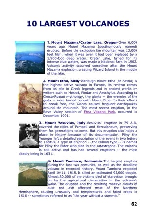 10 LARGEST VOLCANOES
1. Mount Mazama/Crater Lake, Oregon-Over 6,000
years ago Mount Mazama (posthumously named)
erupted. Before the explosion the mountain was 12,000
feet high; when it was over it had been replaced by a
1,900-foot deep crater. Crater Lake, famed for its
intense blue waters, was made a National Park in 1902.
Volcanic activity occurred sometime after the Mount
Mazama explosion, creating Wizard Island in the middle
of the lake.
2. Mount Etna, Sicily-Although Mount Etna (or Aetna) is
the highest active volcano in Europe, its renown comes
from its role in Greek legends and in ancient works by
writers such as Hesiod, Pindar and Aeschylus. According to
Greco-Roman mythology, the giants -- the enemies of the
gods -- were buried beneath Mount Etna. In their efforts
to break free, the Giants caused frequent earthquakes
around the mountain. The most recent eruption, in the
Bove Valley section of Etna Volcano Park, occurred in
December 1991.
3. Mount Vesuvius, Italy-Vesuvius' eruption in 79 A.D.
covered the cities of Pompeii and Herculaneum, preserving
them for generations to come. But this eruption also holds a
place in history because of its documentation. Pliny the
Younger left a detailed description of the event in two letters
to Tacitus. A type of eruption -- the Plinian type -- is named
for Pliny the Elder who died in the catastrophe. The volcano
is still active and has had several eruptions -- the most
deadly being in 1631.
4. Mount Tambora, Indonesia-The largest eruption
during the last two centuries, as well as the deadliest
volcano in recorded history, Mount Tambora exploded
April 10-11, 1815. It killed an estimated 92,000 people.
Almost 80,000 of the victims died of starvation brought
on by the agricultural devastation in the volcano's
wake. The eruption and the resulting massive clouds of
dust and ash affected most of the Northern
Hemisphere, causing unusually cool temperatures and failed crops in
1816 -- sometimes referred to as "the year without a summer."
62
 