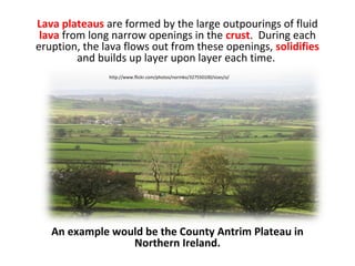 Lava plateaus are formed by the large outpourings of fluid
lava from long narrow openings in the crust. During each
eruption, the lava flows out from these openings, solidifies
and builds up layer upon layer each time.
An example would be the County Antrim Plateau in
Northern Ireland.
http://www.flickr.com/photos/normko/327550100/sizes/o/
 