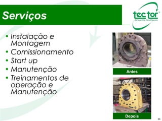 34
Serviços
• Instalação e
Montagem
• Comissionamento
• Start up
• Manutenção
• Treinamentos de
operação e
Manutenção
Depois
Antes
 