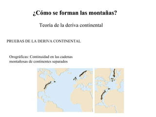 ¿Cómo se forman las montañas? Teoría de la deriva continental PRUEBAS DE LA DERIVA CONTINENTAL Orográficas: Continuidad en las cadenas montañosas de continentes separados 
