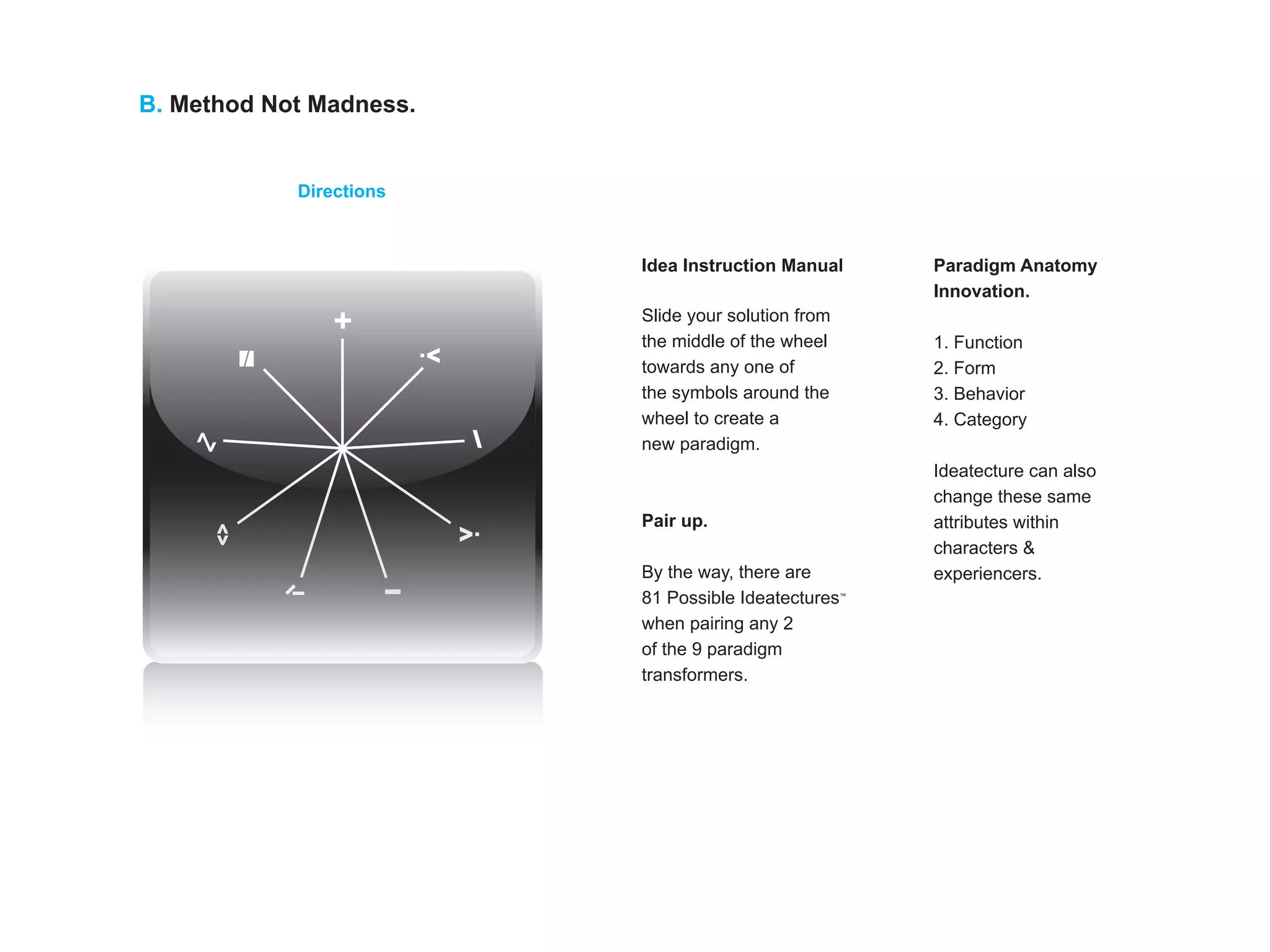 B. Method Not Madness.


            Directions



                         Idea Instruction Manual        Paradigm Anatomy
                                                        Innovation.
                         Slide your solution from
                         the middle of the wheel        1. Function
                         towards any one of             2. Form
                         the symbols around the         3. Behavior
                         wheel to create a              4. Category
                         new paradigm.
                                                        Ideatecture can also
                                                        change these same
                         Pair up.                       attributes within
                                                        characters &
                         By the way, there are          experiencers.
                         81 Possible Ideatectures   ™



                         when pairing any 2
                         of the 9 paradigm
                         transformers.
 