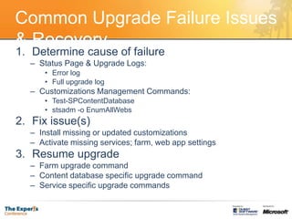Common Upgrade Failure Issues & RecoveryDetermine cause of failureStatus Page & Upgrade Logs:Error logFull upgrade logCustomizations Management Commands:Test-SPContentDatabasestsadm -o EnumAllWebsFix issue(s)Install missing or updated customizationsActivate missing services; farm, web app settingsResume upgradeFarm upgrade commandContent database specific upgrade commandService specific upgrade commands