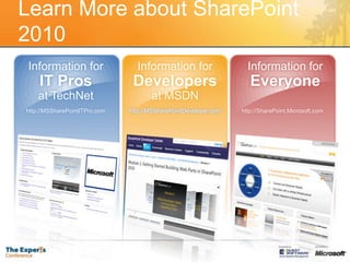 Learn More about SharePoint 2010Information forIT Prosat TechNethttp://MSSharePointITPro.comInformation forDevelopersat MSDNhttp://MSSharePointDeveloper.comInformation forEveryonehttp://SharePoint.Microsoft.com