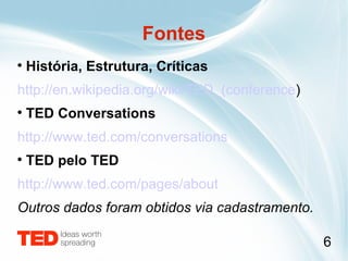 História, Estrutura, Críticas http://en.wikipedia.org/wiki/TED_(conference ) TED Conversations http://www.ted.com/conversations TED pelo TED http://www.ted.com/pages/about Outros dados foram obtidos via cadastramento. Fontes 