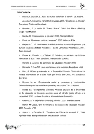 Proyecto fin de Grado en Educación Primaria ANTIA GONZALEZ FERNANDEZ
61
BIBLIOGRAFÍA
- Bokser, A y Spivak, S., 1977 “El mundo sonoro en el Jardín”. Ed. Ricordi.
- Aljoscha A. Schwarz y Ronald P. Schweppe, 2000. “Cúrate con la Música”.
Barcelona. Ediciones Robinbook
- Huidobro, E. y Velilla, N. “Suena Suena”. 2005. Las Matas (Madrid).
Grupo Real Musical
- Karolyi, O. “Introducción a la Música”. 2002. Alianza Editorial
- Ferrer, A. “Rousseau: música y lenguaje”. 2010. Valencia. PUV
- Reyes M.C., “El rendimiento académico de los alumnos de primaria que
cursan estudios artísticos musicales – En la Comunidad Valenciana”. 2011,
Tesis doctoral
- Fraser, A.; Froseth, J. y Weikart, P. “Música y movimiento. Actividades
rítmicas en el aula” 1981. Barcelona. Biblioteca de Eufonía.
- Herrera. S “Apuntes del Seminario de Educación Musical” 2008
- Marqués, P. “Las TIC y sus aportaciones a la sociedad. Barcelona. UAB
- Díaz, G “Música y ordenador en la Educación Primaria. Cömo utilizar los
medios informáticos en el aula. 1996 (en revista EUFONÍA, nº4) Barcelona.
Ed. Graó.
- Moreno M. A. “Competencia social y ciudadana y coeducación.
Orientaciones para las materia de primaria y secundaria” 2012. Navarra.
- Bellido J.A. ·”Competencia Cultural y Artística. El papel de la creatividad
en la búsqueda de itinerarios posibles para el tránsito desde el lujo a la
necesidad” 2010. Junta de Andalucía. Consellería de Educación.
- Giráldez, A. “Competencia Cultural y Artística”, 2007 Alianza Editorial
- Martín, Mª Jesús. “Del movimiento a la danza en la educación musical”
2005 Educatio Nº23
- Jurado J. y Cancelas S. “Cuaderno de Educación musical II” 1998.
Apuntes curso de especialización en Educación Musical
 