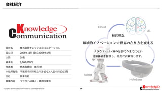 16Copyright © 2019 Knowledge Communication Co.,Ltd.All Rights Reserved.
会社紹介
16
会社名 株式会社ナレッジコミュニケーション
設立日 2008年11月 (創立2006年5月)
人数 28名
資本金 9,000,000円
代表者 代表取締役 奥沢 明
本社所在地 千葉県市川市相之川3-13-23 丸伝小川ビル3階
支社 熊本支社
事業内容 クラウドAI導入・運用支援等
Cloud
AI
HoloLens
Robot
経営理念
破壊的イノベーションで世界の在り方を変える
クラウド・AI・MRの分野で今までにない
付加価値を提供し、社会に貢献致します。
 