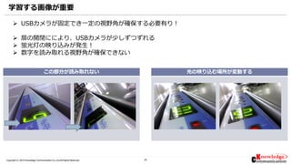 20Copyright © 2019 Knowledge Communication Co.,Ltd.All Rights Reserved.
光の映り込む場所が変動するこの部分が読み取れない
学習する画像が重要
➢ USBカメラが固定でき一定の視野角が確保する必要有り！
➢ 扉の開閉ににより、USBカメラが少しずつずれる
➢ 蛍光灯の映り込みが発生！
➢ 数字を読み取れる視野角が確保できない
 